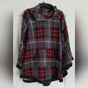 Plaid Hooded Poncho Jacket - Gray & Red